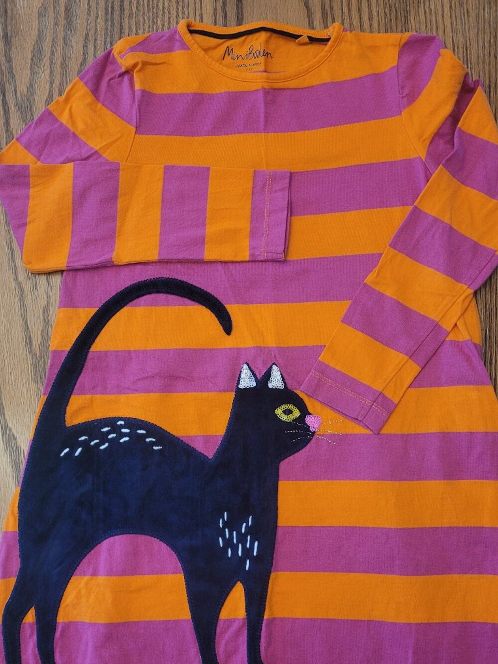 Mini Boden Cat Halloween Dress - Size 7-8 - Orange and Pink Stripe - Black Cat.